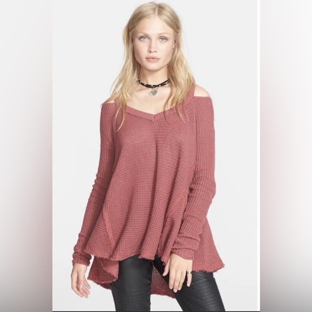 Free People Pink Cold Shoulder Pullover Thermal Sweater, Size Small